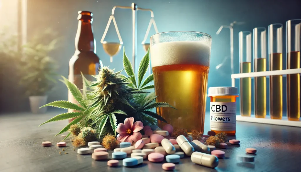 Un verre de biere, des médicaments et du cbd dans un espace neutre