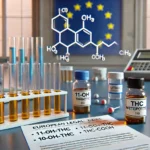 un laboratoire montrant des concentrés 11-OH-THC, 10-OH-THC et THC-COOH, dans des éprouvettes et le drapeau de l'Union Européenne en fond