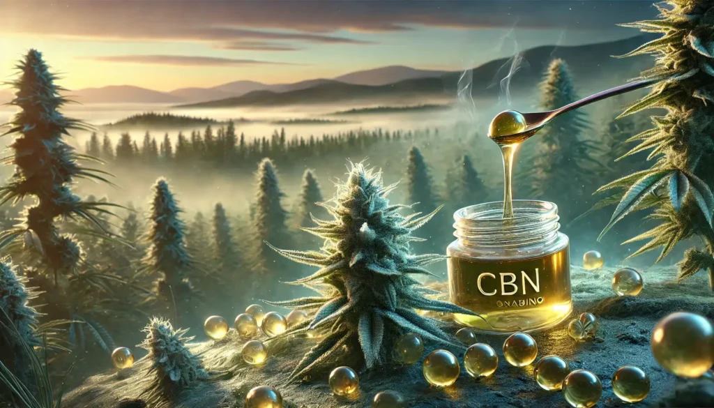 une fleur de CBD avec un concentré devant un paysage naturel