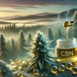 une fleur de CBD avec un concentré devant un paysage naturel